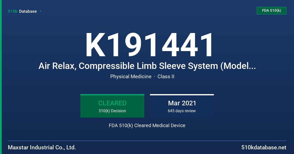 K191441 Air Relax, Compressible Limb Sleeve System (Model: AR-1.0, AR-2.0) FDA 510(k) Cleared Medical Device