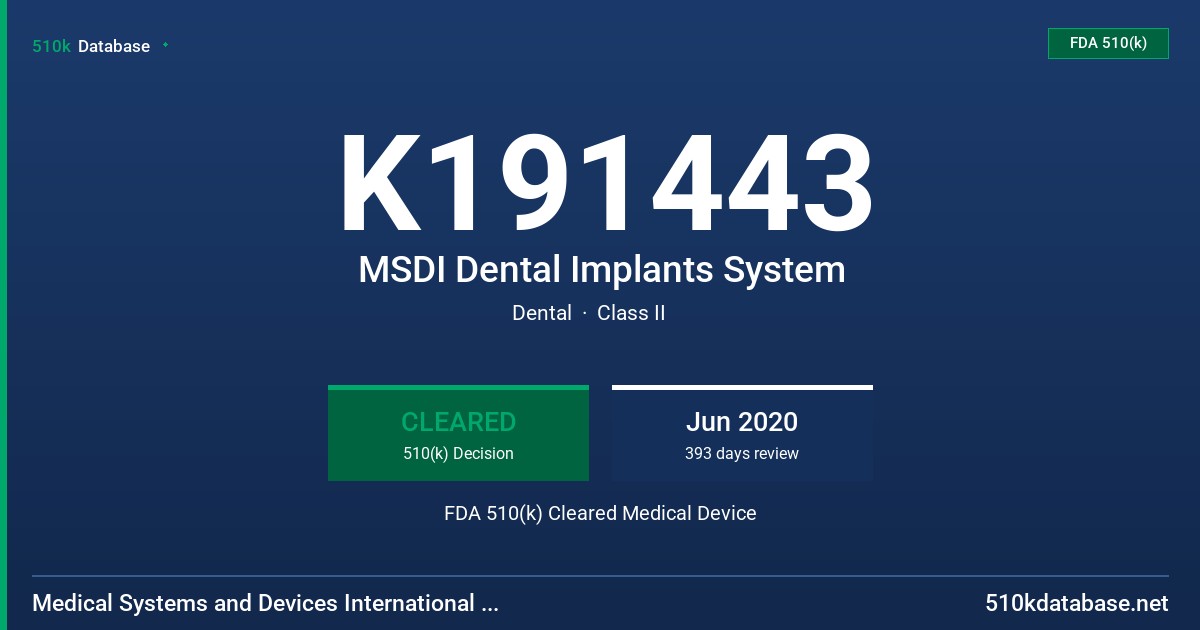 K191443 MSDI Dental Implants System FDA 510(k) Cleared Medical Device