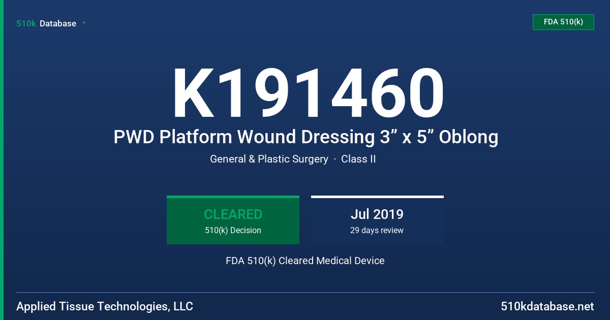 K191460 PWD Platform Wound Dressing 3” x 5” Oblong FDA 510(k) Cleared Medical Device