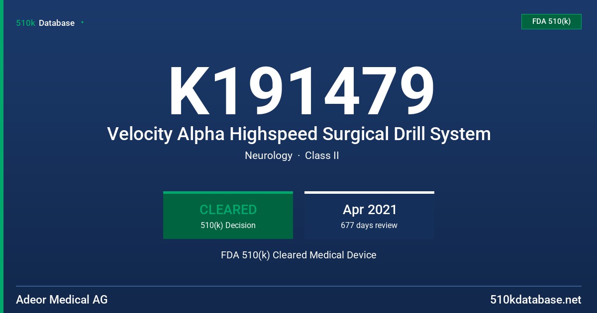 K191479 Velocity Alpha Highspeed Surgical Drill System FDA 510(k) Cleared Medical Device