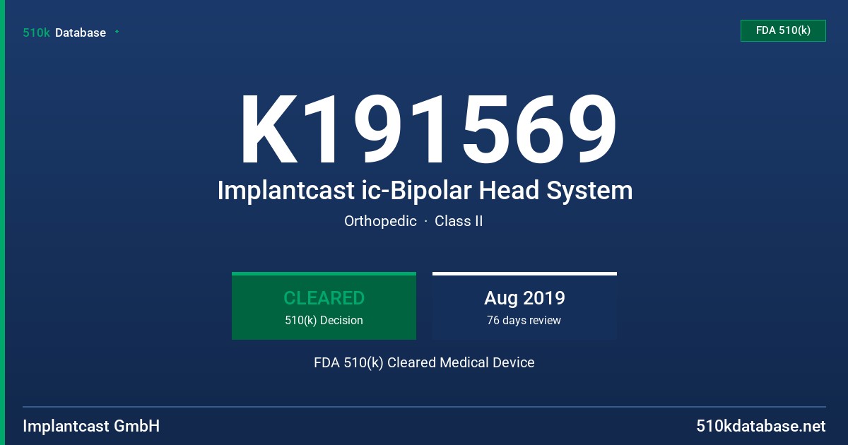 K191569 Implantcast ic-Bipolar Head System FDA 510(k) Cleared Medical Device