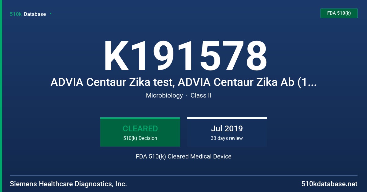 K191578 ADVIA Centaur Zika test, ADVIA Centaur Zika Ab (100 tests), ADVIA Centaur Zika IgM (50 tests), ADVIA Centaur Zika Ab Quality Control, ADVIA Centaur Zika IgM Quality Control FDA 510(k) Cleared Medical Device