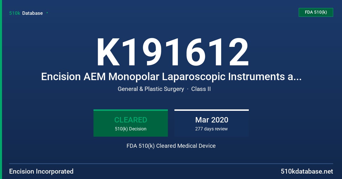 K191612 Encision AEM Monopolar Laparoscopic Instruments and Accessories FDA 510(k) Cleared Medical Device