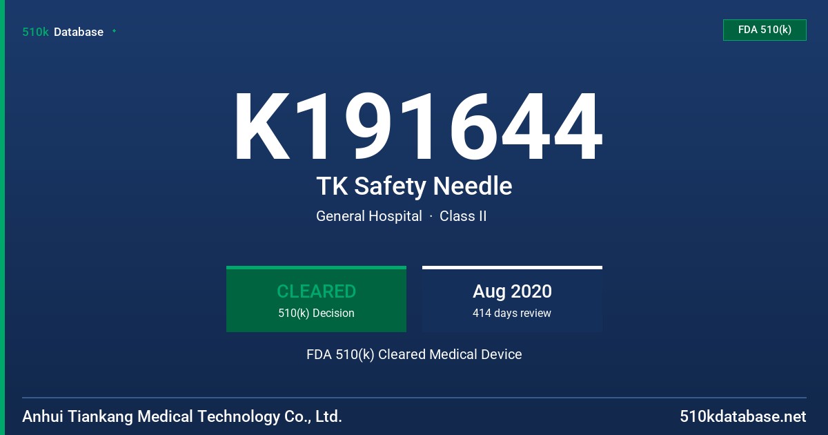 K191644 TK Safety Needle FDA 510(k) Cleared Medical Device