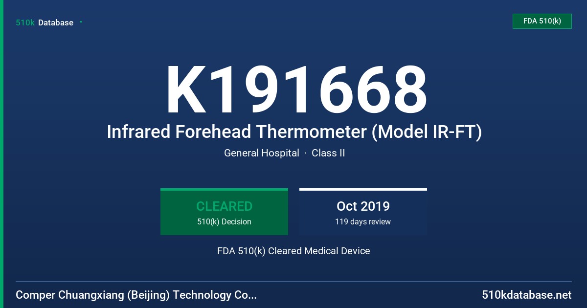 K191668 Infrared Forehead Thermometer (Model IR-FT) FDA 510(k) Cleared Medical Device