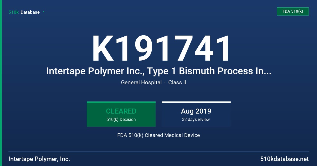 K191741 Intertape Polymer Inc., Type 1 Bismuth Process Indicator Steam Sterilization Tape FDA 510(k) Cleared Medical Device