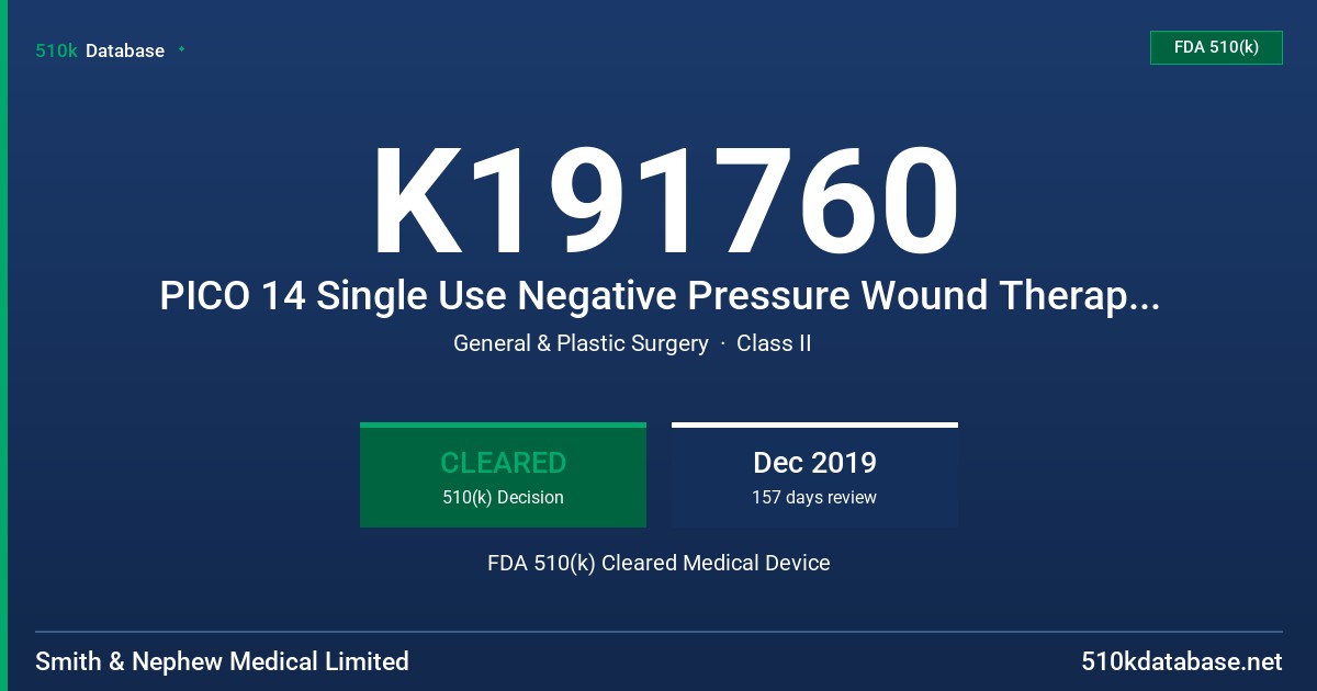 K191760 PICO 14 Single Use Negative Pressure Wound Therapy System FDA 510(k) Cleared Medical Device