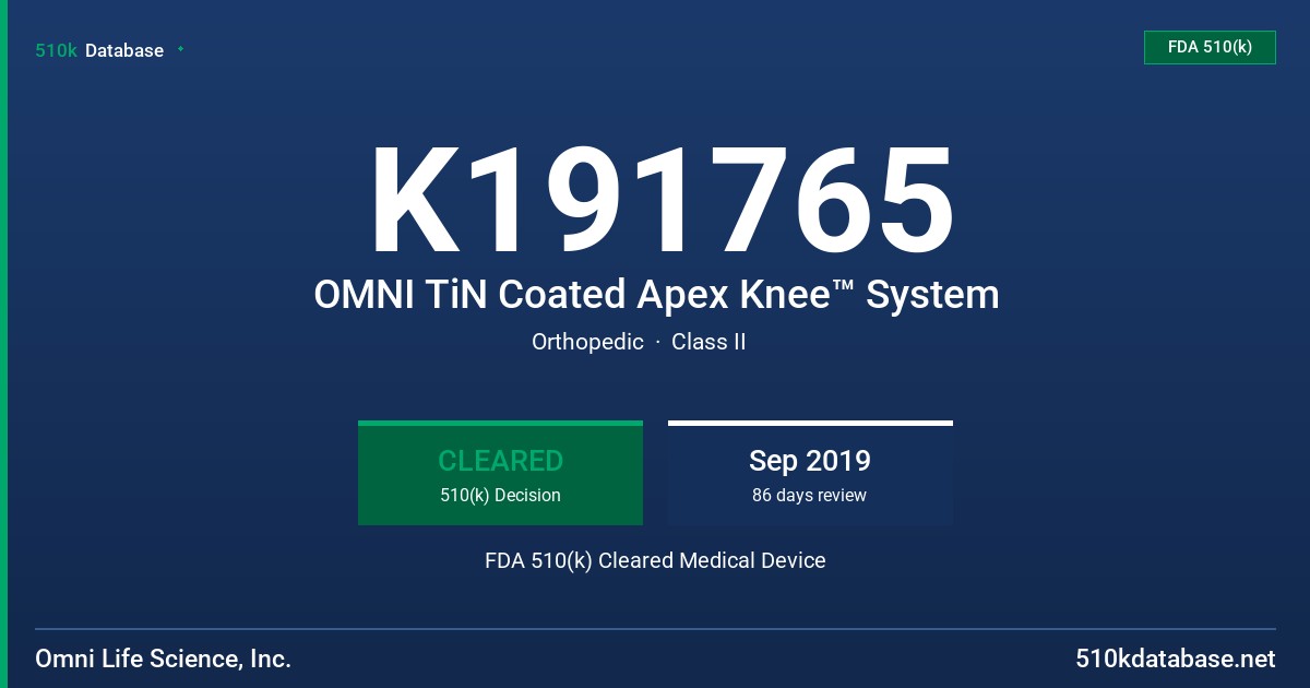 K191765 OMNI TiN Coated Apex Knee™ System FDA 510(k) Cleared Medical Device