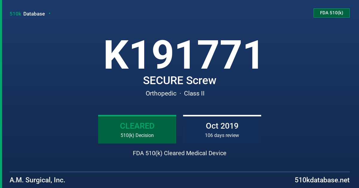 K191771 SECURE Screw FDA 510(k) Cleared Medical Device