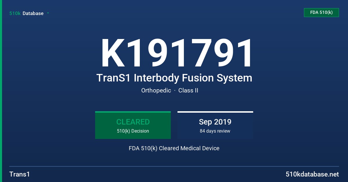 K191791 TranS1 Interbody Fusion System FDA 510(k) Cleared Medical Device