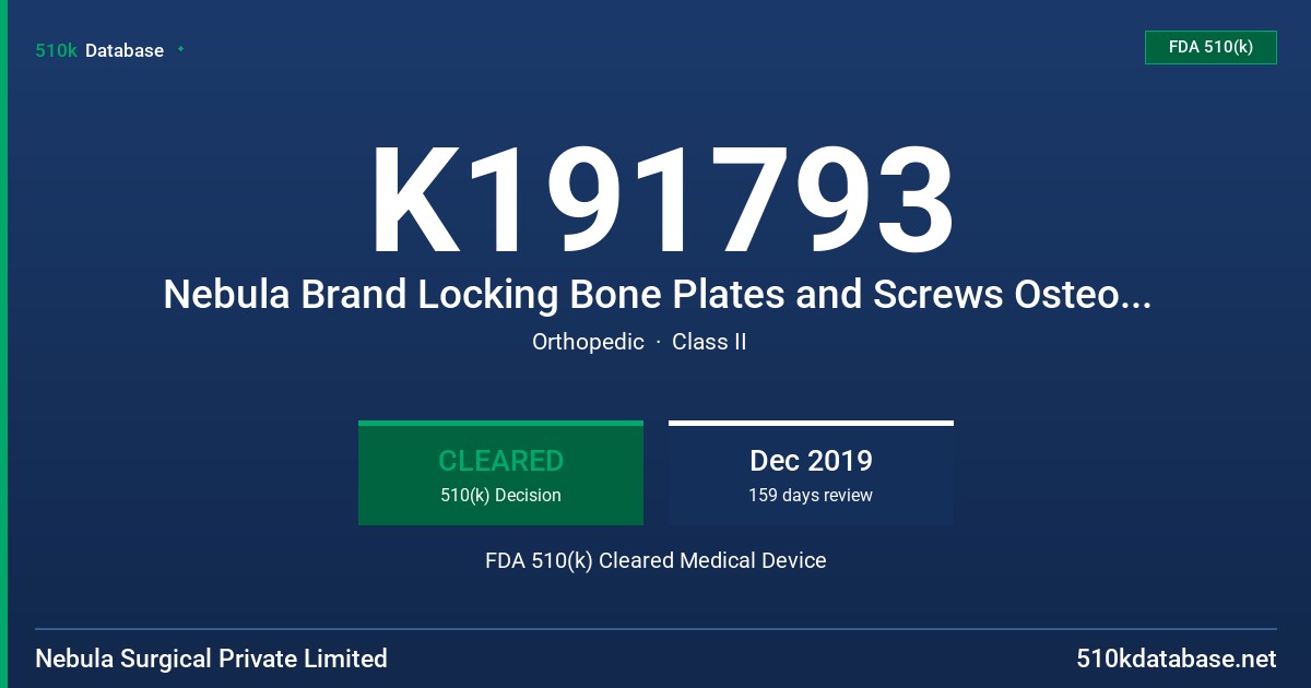 K191793 Nebula Brand Locking Bone Plates and Screws Osteosynthesis Plating System, Nebula Brand of DHS Plating System FDA 510(k) Cleared Medical Device