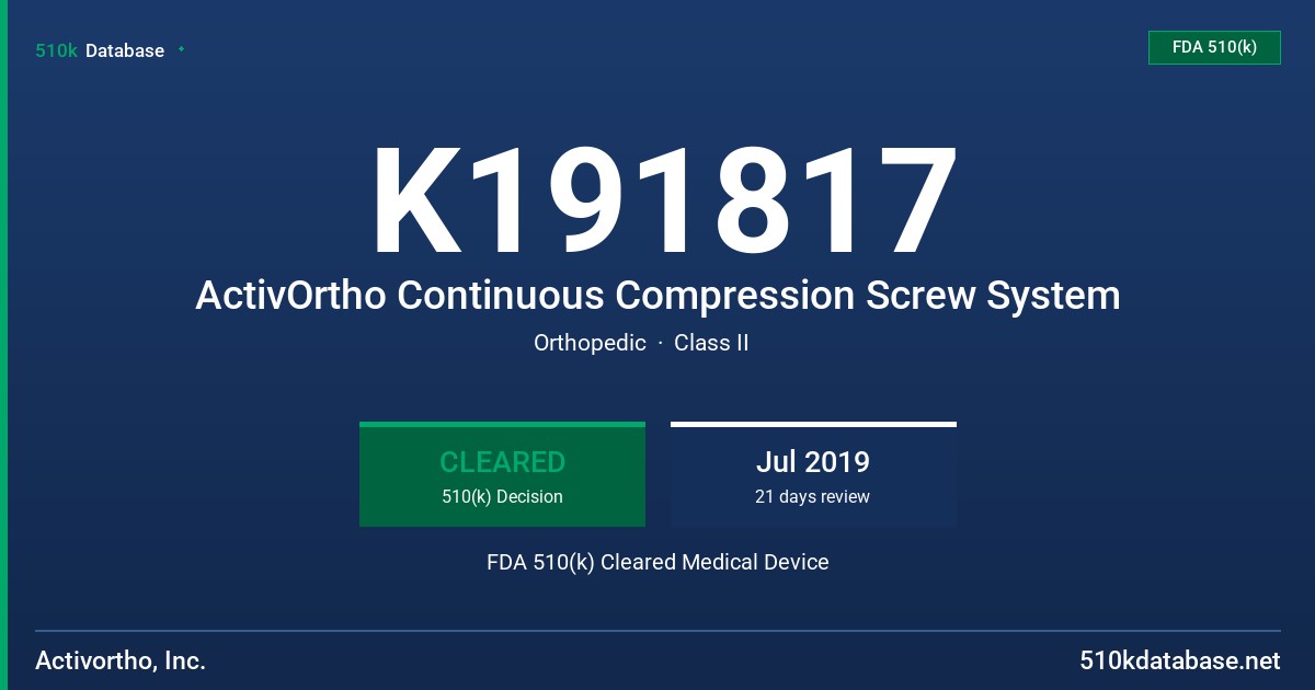 K191817 ActivOrtho Continuous Compression Screw System FDA 510(k) Cleared Medical Device
