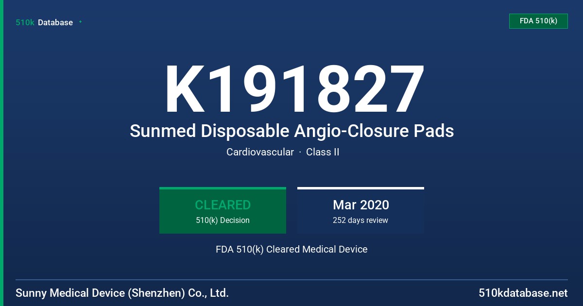 K191827 Sunmed Disposable Angio-Closure Pads FDA 510(k) Cleared Medical Device