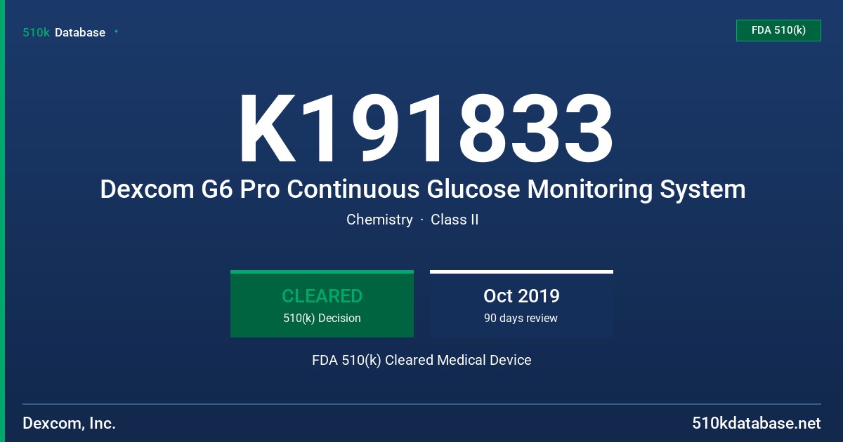 K191833 Dexcom G6 Pro Continuous Glucose Monitoring System FDA 510(k) Cleared Medical Device