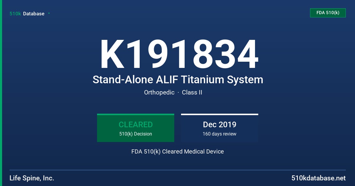 K191834 Stand-Alone ALIF Titanium System FDA 510(k) Cleared Medical Device