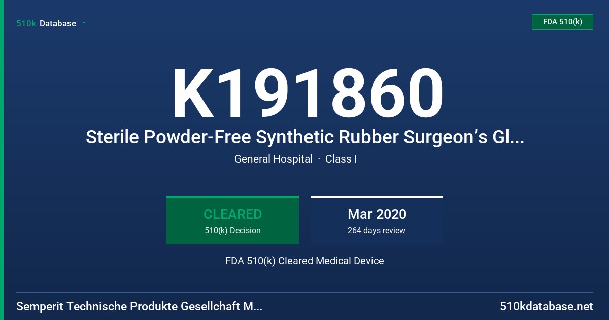 K191860 Sterile Powder-Free Synthetic Rubber Surgeon’s Glove with Low Dermatitis Potential FDA 510(k) Cleared Medical Device
