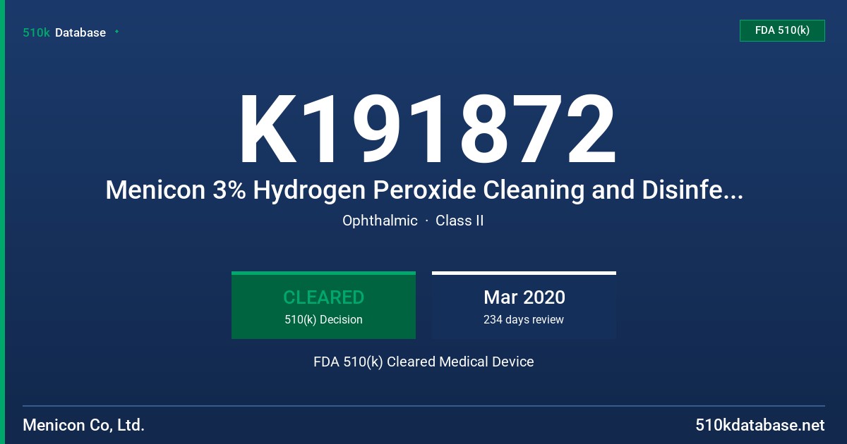 K191872 Menicon 3% Hydrogen Peroxide Cleaning and Disinfecting Solution FDA 510(k) Cleared Medical Device