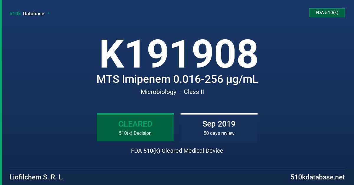 K191908 MTS Imipenem 0.016-256 µg/mL FDA 510(k) Cleared Medical Device
