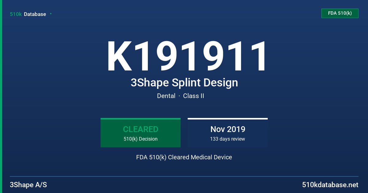 K191911 3Shape Splint Design FDA 510(k) Cleared Medical Device