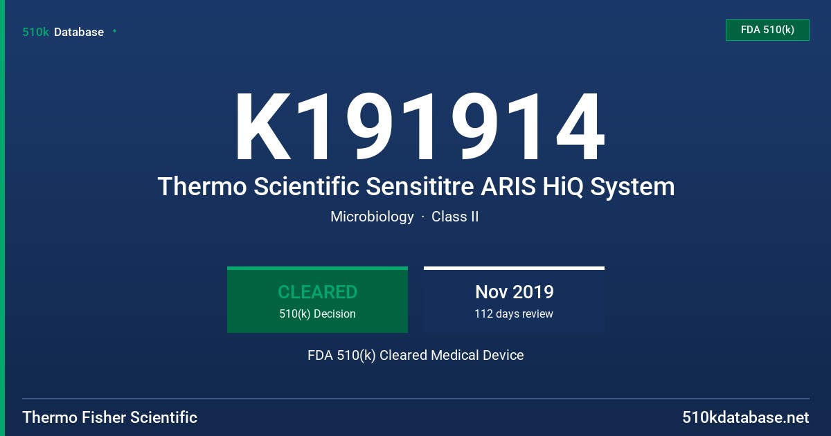 K191914 Thermo Scientific Sensititre ARIS HiQ System FDA 510(k) Cleared Medical Device