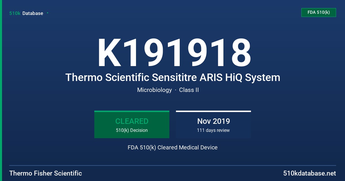 K191918 Thermo Scientific Sensititre ARIS HiQ System FDA 510(k) Cleared Medical Device