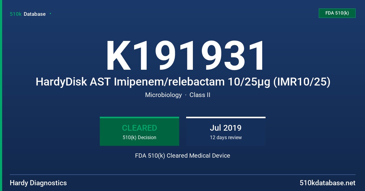 K191931 HardyDisk AST Imipenem/relebactam 10/25µg (IMR10/25) FDA 510(k) Cleared Medical Device