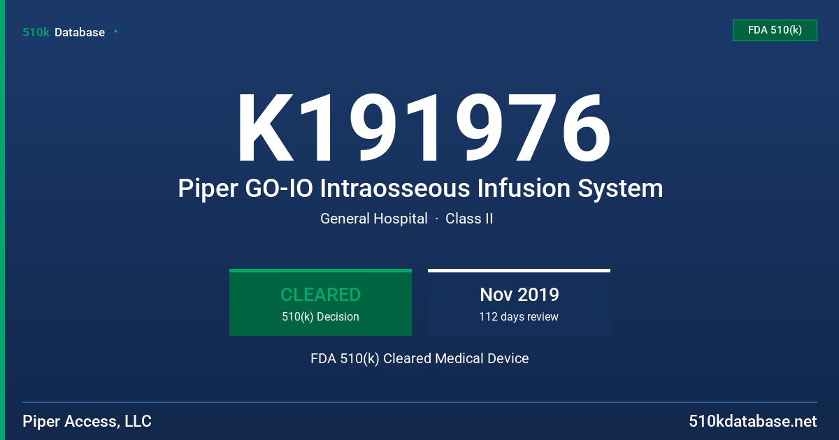 K191976 Piper GO-IO Intraosseous Infusion System FDA 510(k) Cleared Medical Device