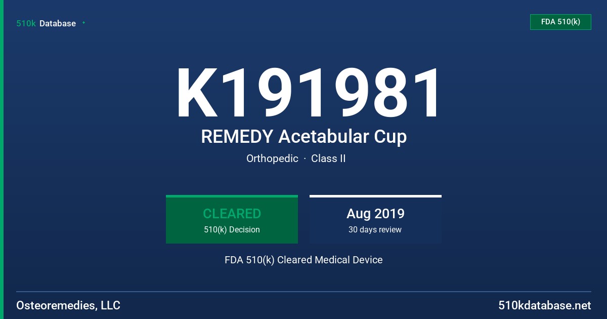 K191981 REMEDY Acetabular Cup FDA 510(k) Cleared Medical Device