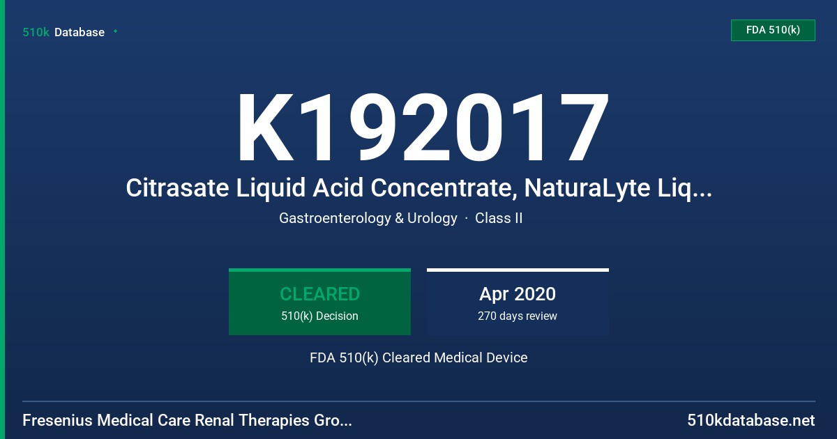 K192017 Citrasate Liquid Acid Concentrate, NaturaLyte Liquid Acid Concentrate FDA 510(k) Cleared Medical Device