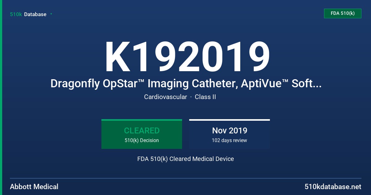 K192019 Dragonfly OpStar™ Imaging Catheter, AptiVue™ Software version E.5.1 FDA 510(k) Cleared Medical Device