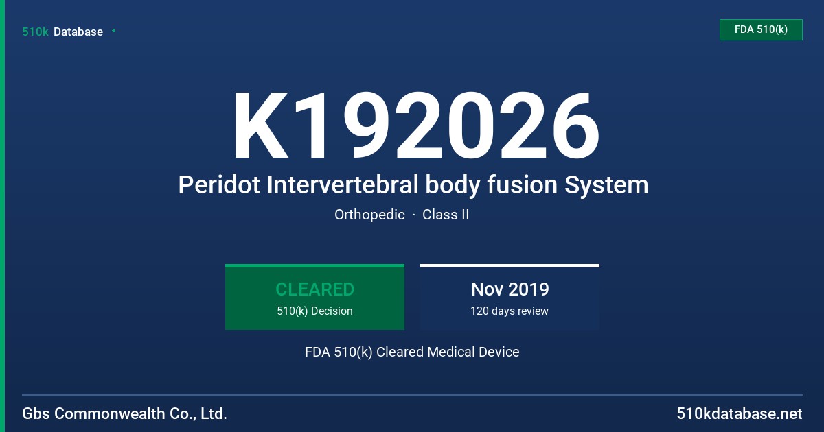 K192026 Peridot Intervertebral body fusion System FDA 510(k) Cleared Medical Device