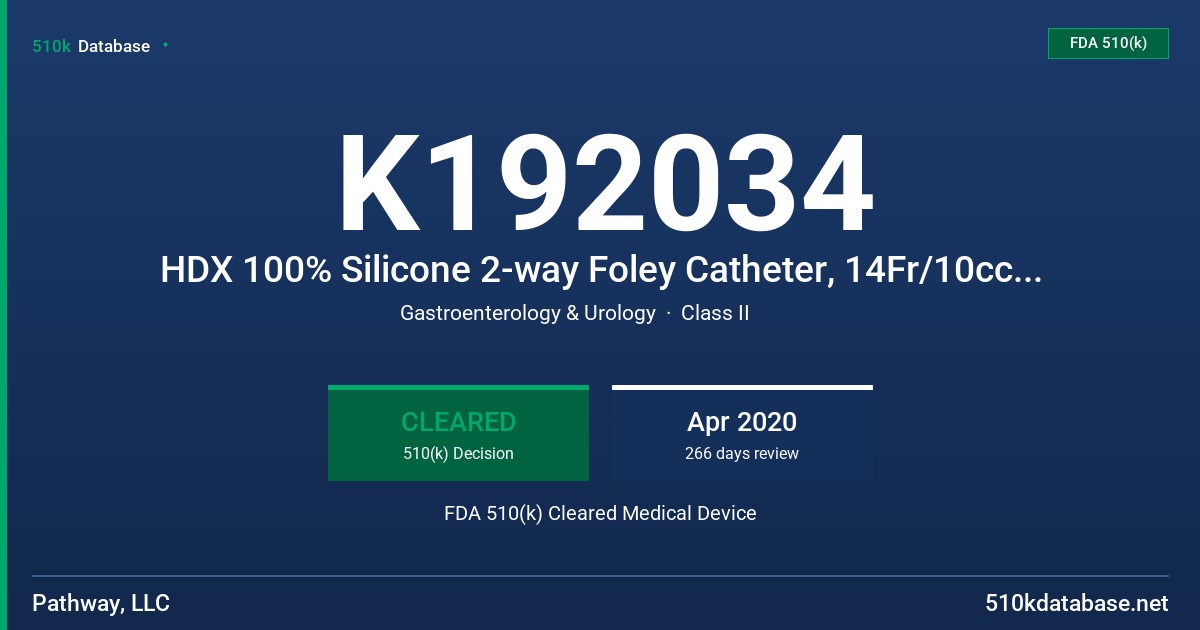K192034 HDX 100% Silicone 2-way Foley Catheter, 14Fr/10cc, HDX 100% Silicone 2-way Foley Catheter, 16Fr/5cc, HDX 100% Silicone 2-way Foley Catheter, 18Fr/10cc FDA 510(k) Cleared Medical Device