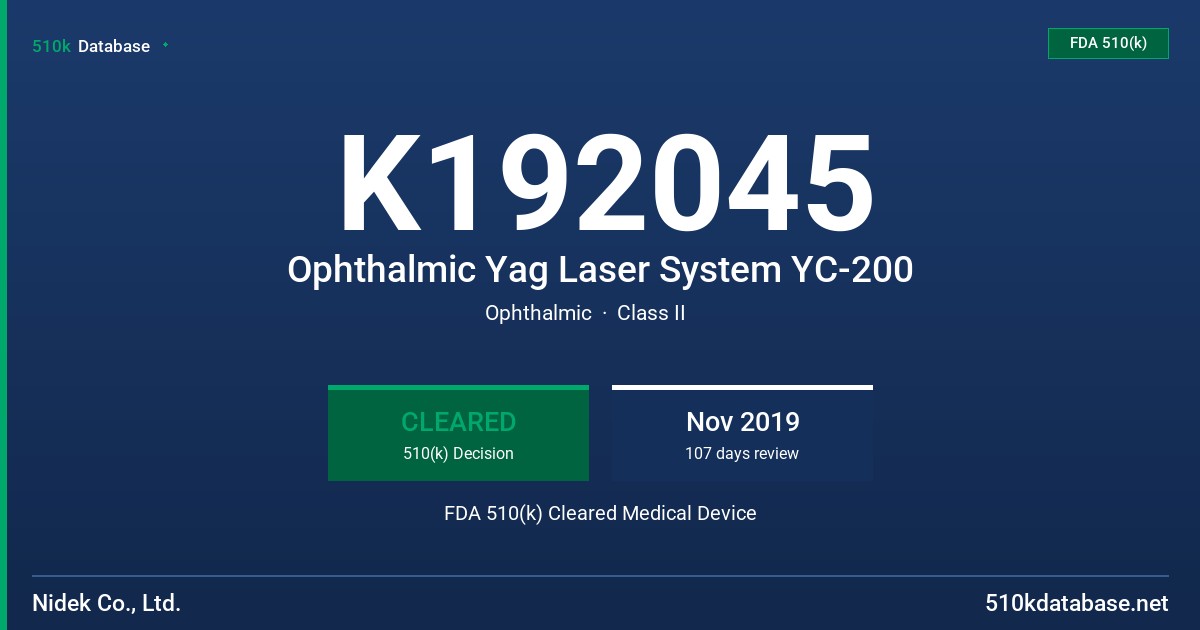 K192045 Ophthalmic Yag Laser System YC-200 FDA 510(k) Cleared Medical Device