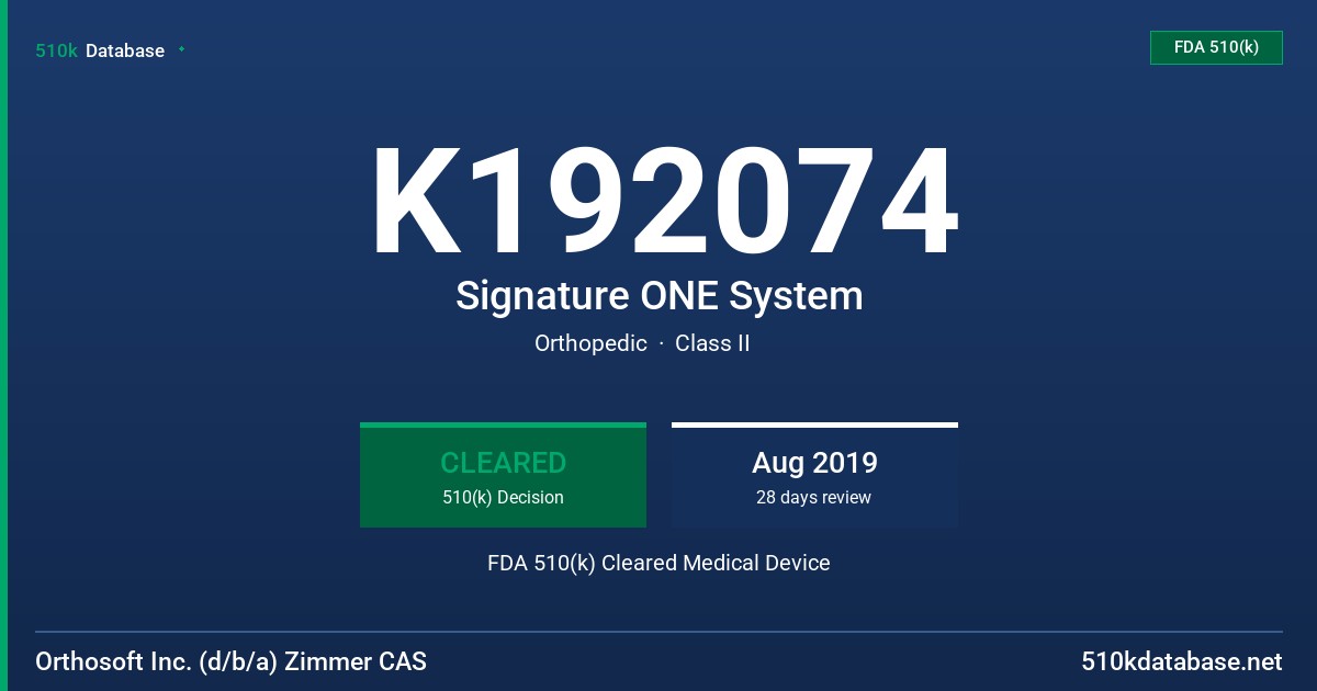 K192074 Signature ONE System FDA 510(k) Cleared Medical Device