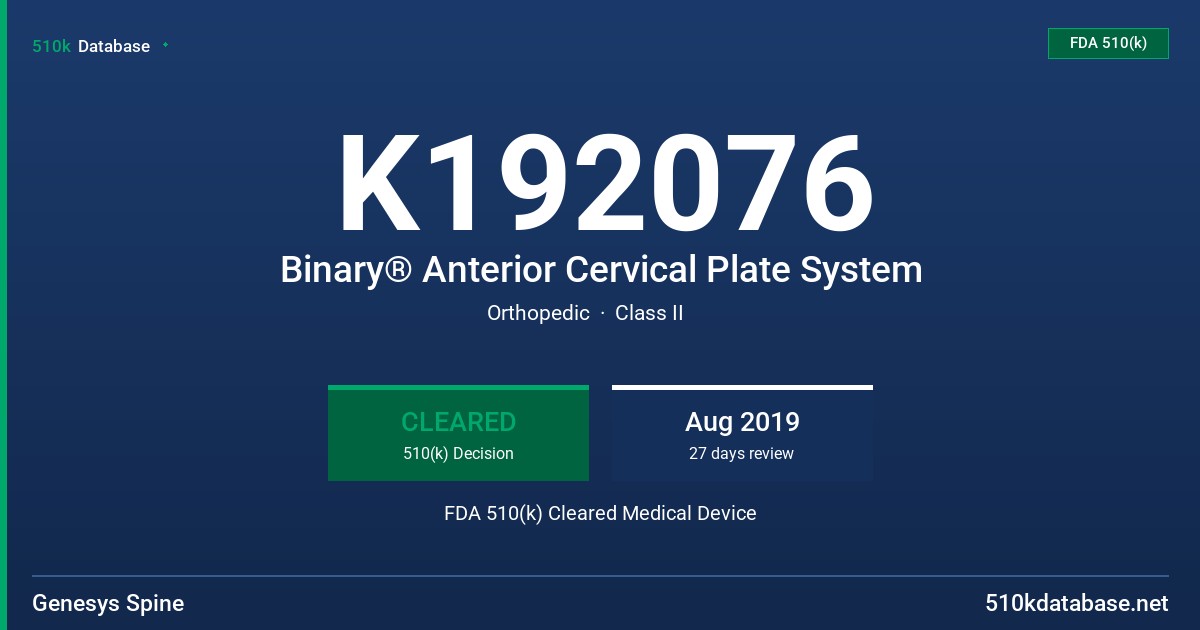 K192076 Binary® Anterior Cervical Plate System FDA 510(k) Cleared Medical Device