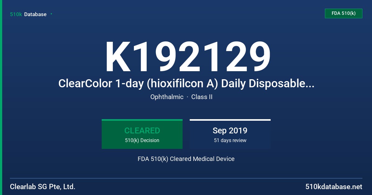 K192129 ClearColor 1-day (hioxifilcon A) Daily Disposable Soft (hydrophilic) Contact Lens, Aryan Color 1-day (hioxifilcon A) Daily Disposable Soft (hydrophilic) Contact Lens FDA 510(k) Cleared Medical Device