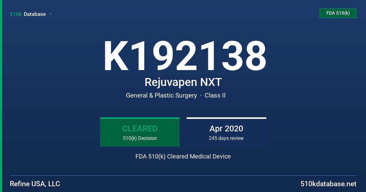 K192138 Rejuvapen NXT FDA 510(k) Cleared Medical Device