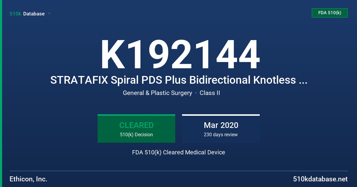 K192144 STRATAFIX Spiral PDS Plus Bidirectional Knotless Tissue Control Device FDA 510(k) Cleared Medical Device