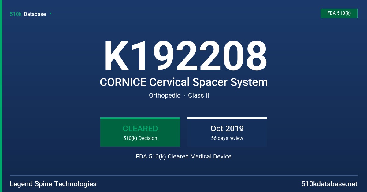 K192208 CORNICE Cervical Spacer System FDA 510(k) Cleared Medical Device