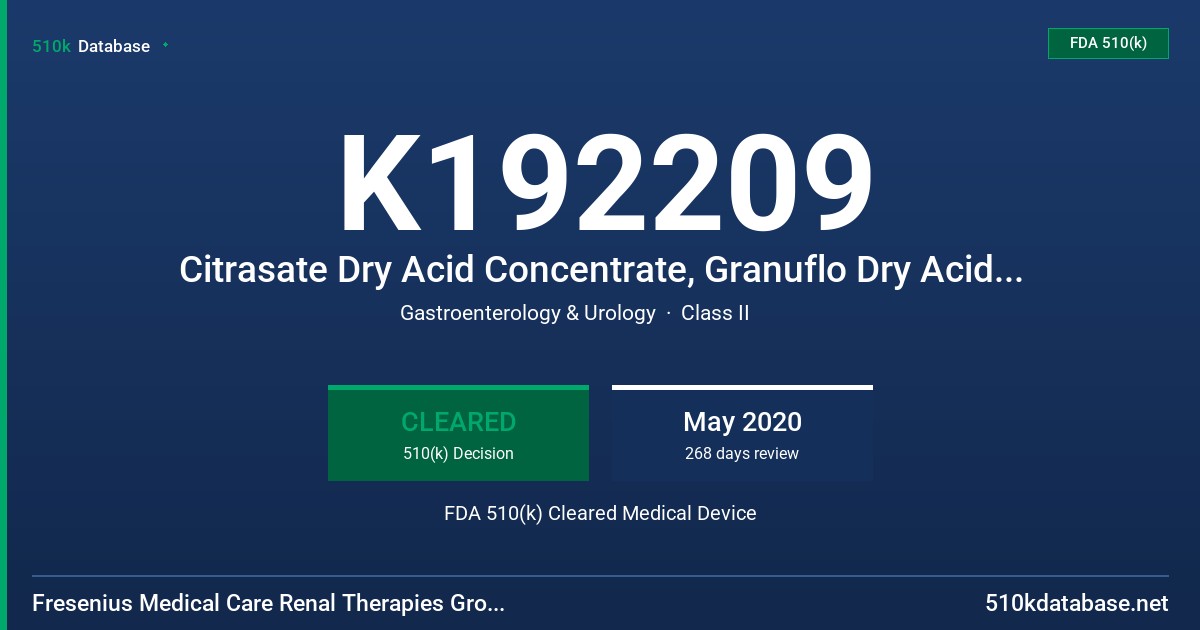 K192209 Citrasate Dry Acid Concentrate, Granuflo Dry Acid Concentrate FDA 510(k) Cleared Medical Device