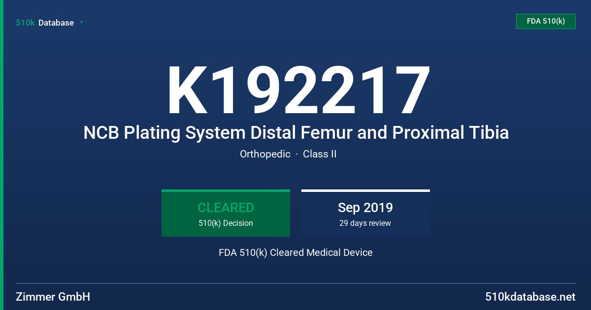 K192217 NCB Plating System Distal Femur and Proximal Tibia FDA 510(k) Cleared Medical Device