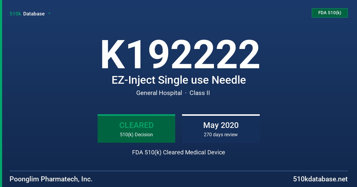 K192222 EZ-Inject Single use Needle FDA 510(k) Cleared Medical Device