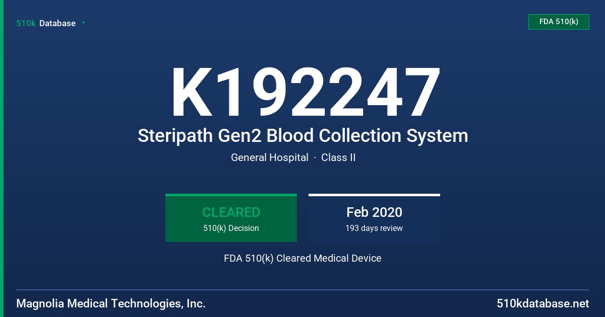 K192247 Steripath Gen2 Blood Collection System FDA 510(k) Cleared Medical Device