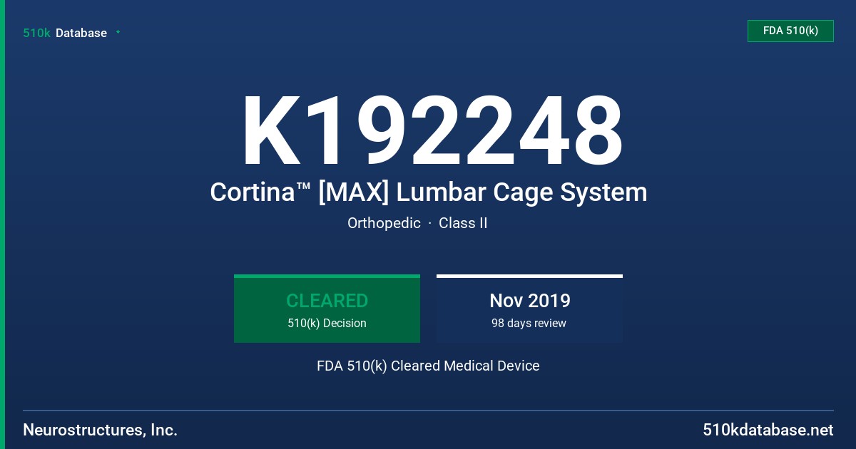 K192248 Cortina™ [MAX] Lumbar Cage System FDA 510(k) Cleared Medical Device