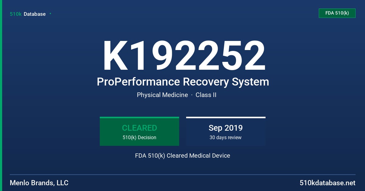 K192252 ProPerformance Recovery System FDA 510(k) Cleared Medical Device