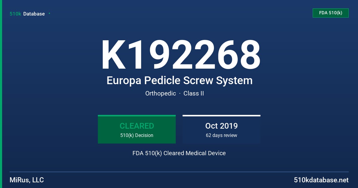 K192268 Europa Pedicle Screw System FDA 510(k) Cleared Medical Device