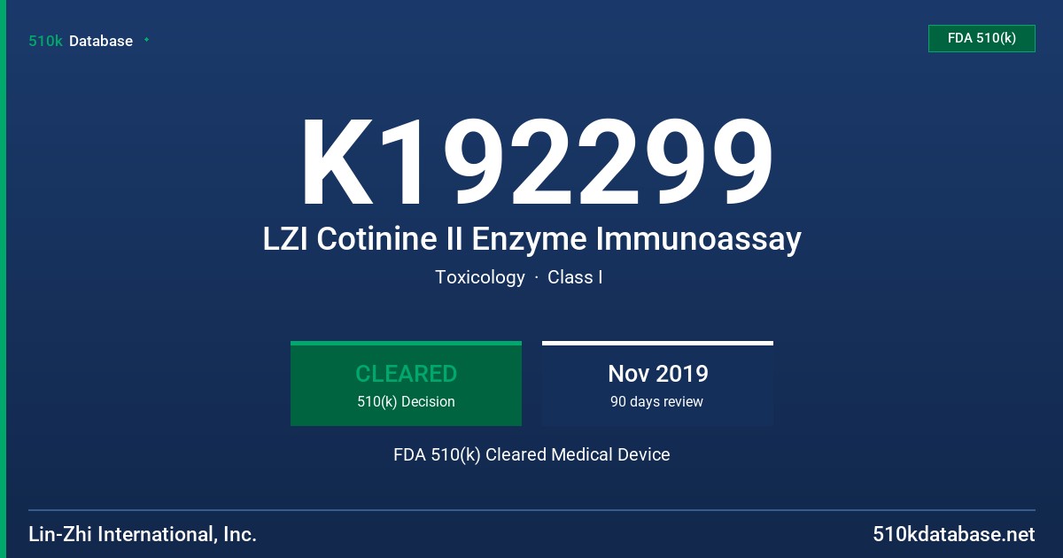 K192299 LZI Cotinine II Enzyme Immunoassay FDA 510(k) Cleared Medical Device