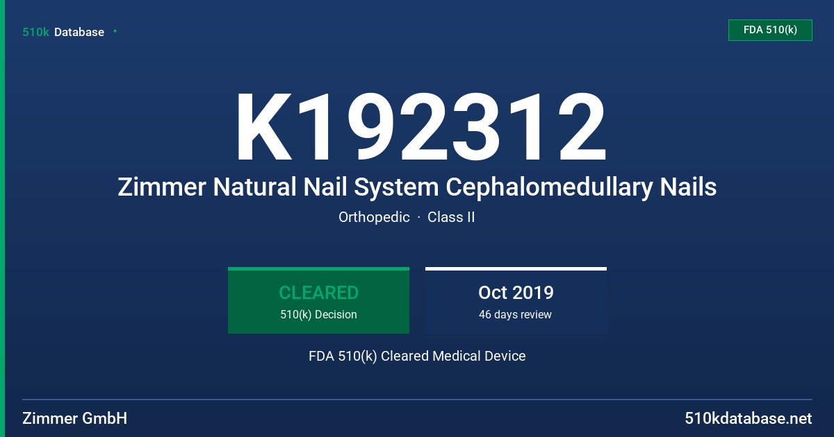 K192312 Zimmer Natural Nail System Cephalomedullary Nails FDA 510(k) Cleared Medical Device