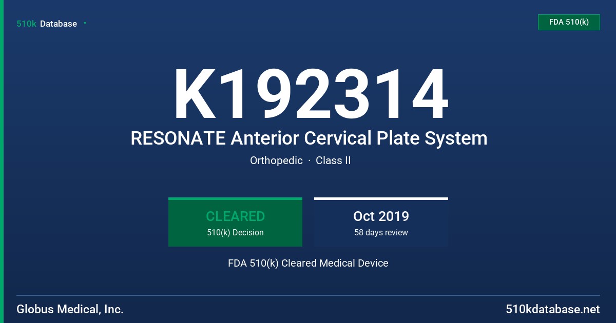 K192314 RESONATE Anterior Cervical Plate System FDA 510(k) Cleared Medical Device