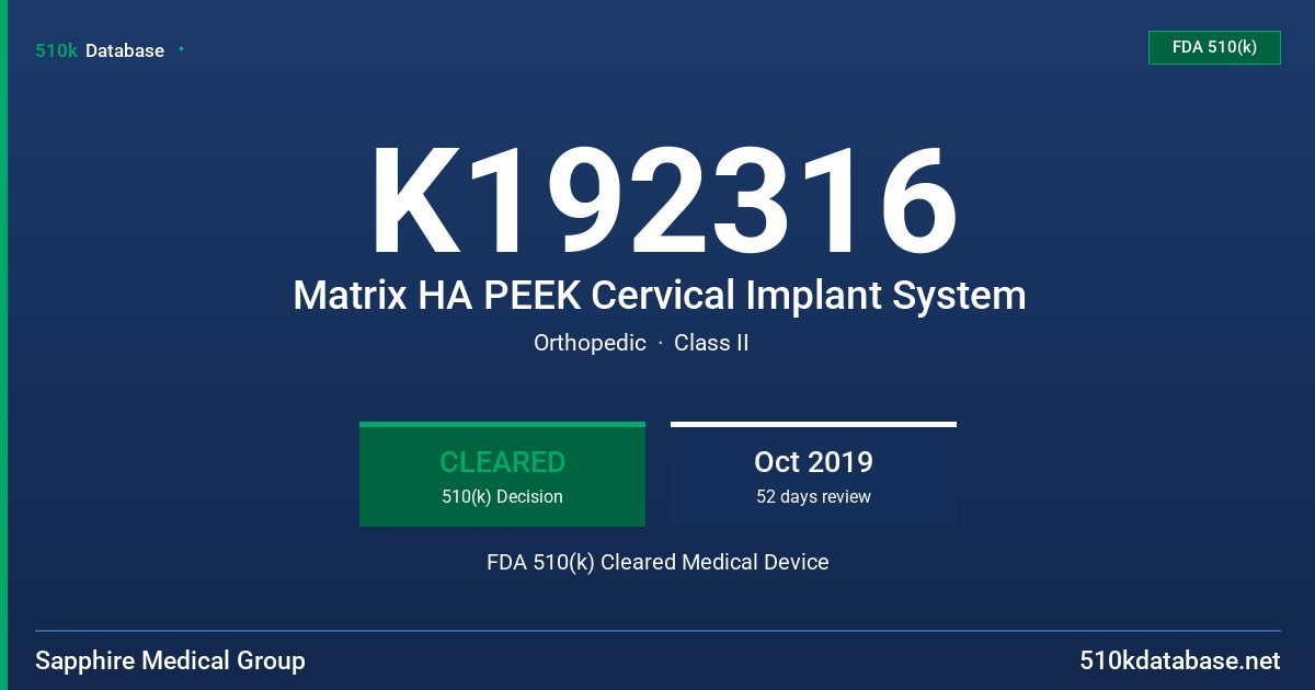 K192316 Matrix HA PEEK Cervical Implant System FDA 510(k) Cleared Medical Device
